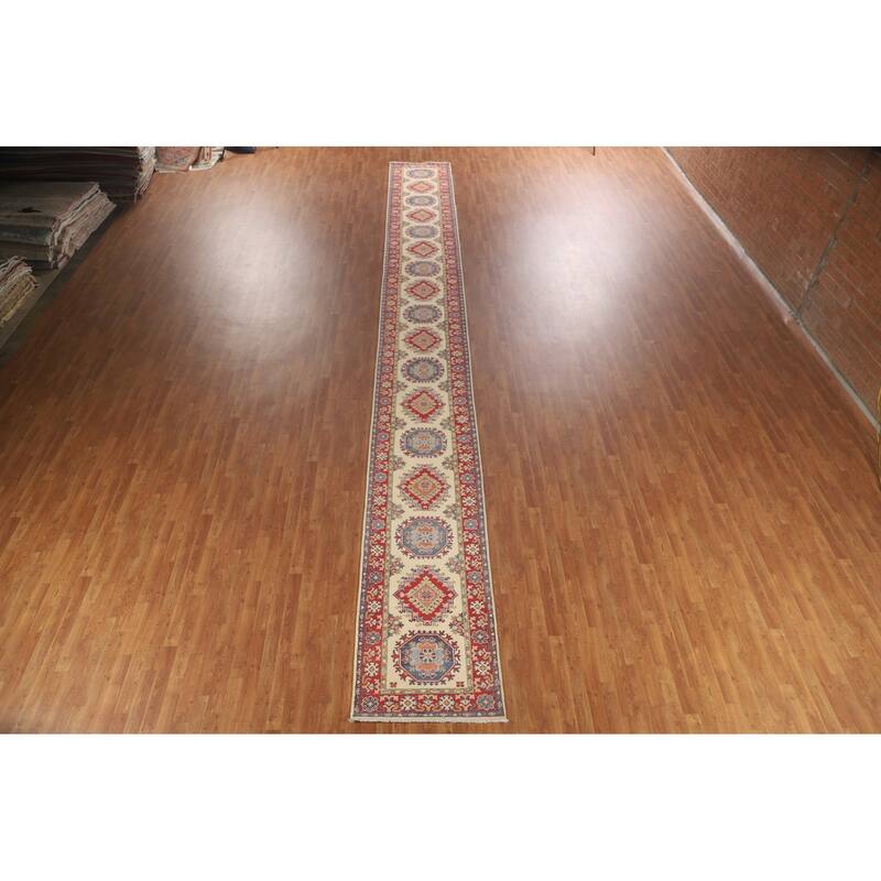 Kazak Runner Rug Hand-Knotted Beige Wool Carpet - 2'8" x 25'8"
