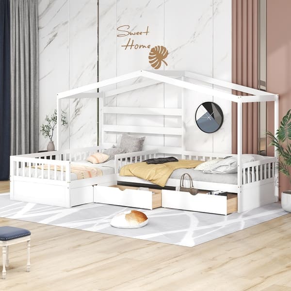 slide 2 of 9, Solid Construction L-Shaped Platform Bed Twin Size House Platform Bed with Three Storage Drawers White