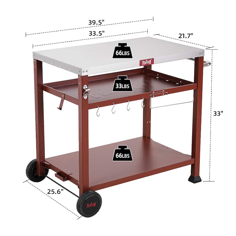 Feasto 734401B 3-Shelf Indoor Outdoor Movable Serving Cart Outdoor Kitchen Station