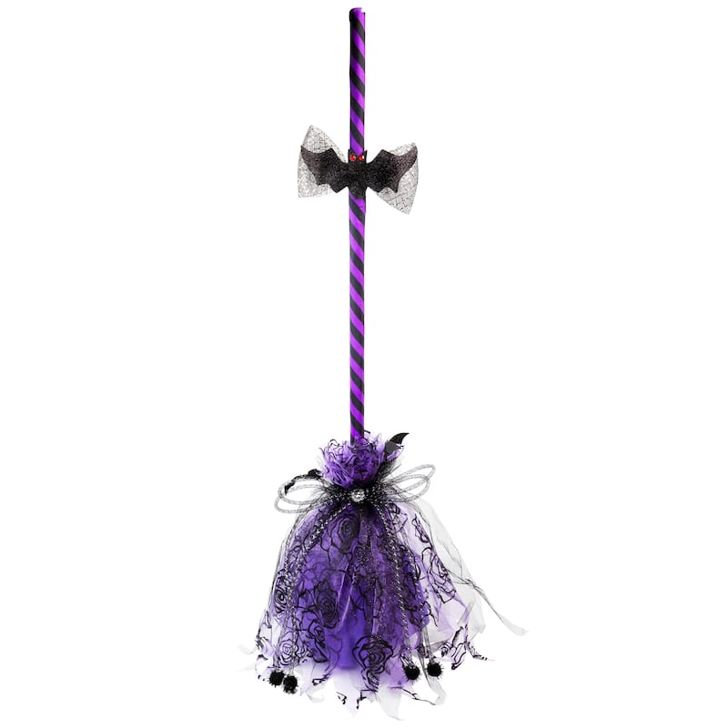 29" Purple and Black Striped Animated Witches Halloween Broom with Bat Accents