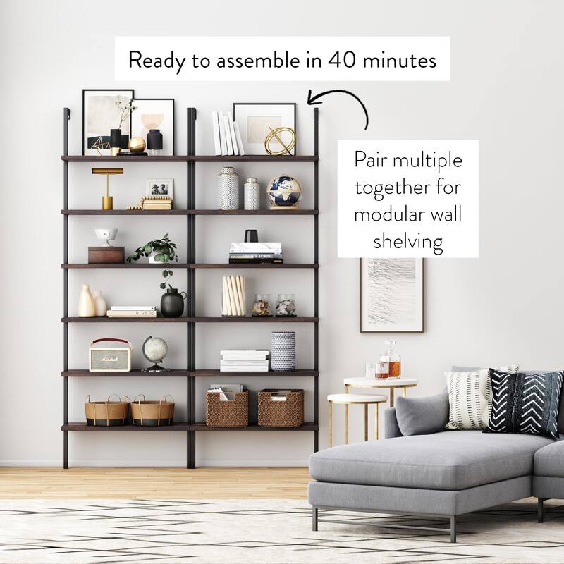 Nathan James Theo 6-Shelf Tall Bookcase, Wall Mount Bookshelf Wood with Metal Frame
