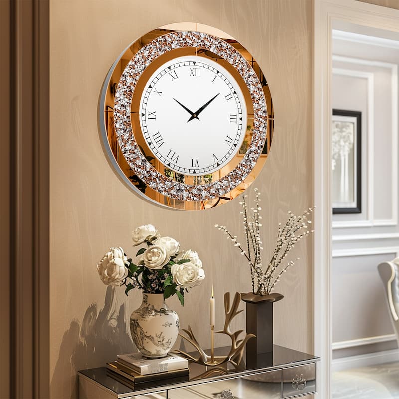 Glam Crush Diamond Inlay Round Wall Clock Decorative Mirror Clock