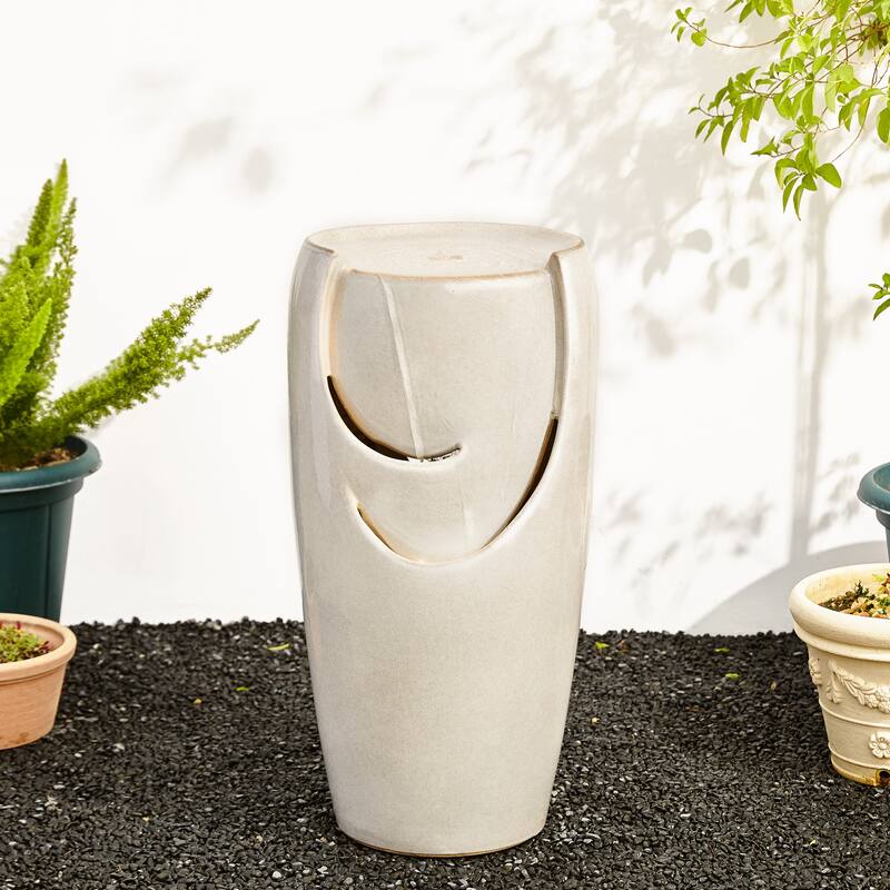 Glitzhome Oversized LED Lighted Ceramic Pot Floor Fountains for Outdoor Garden