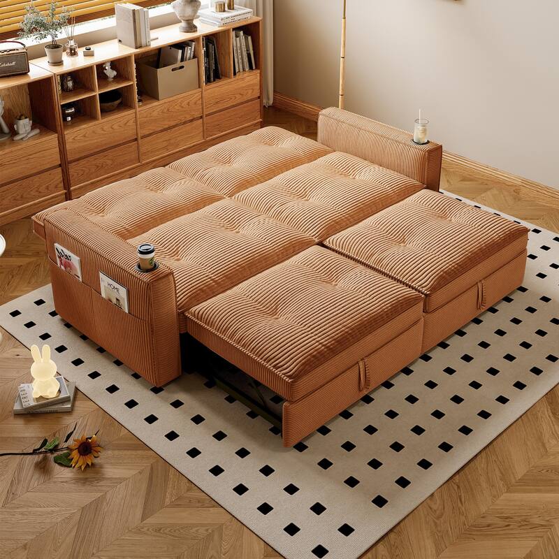 Multi-Functional Corduroy Loveseat Couch Convertible Sleeper Sofa Bed with Cup Holders and Side Pockets for Sitting, Sleeping