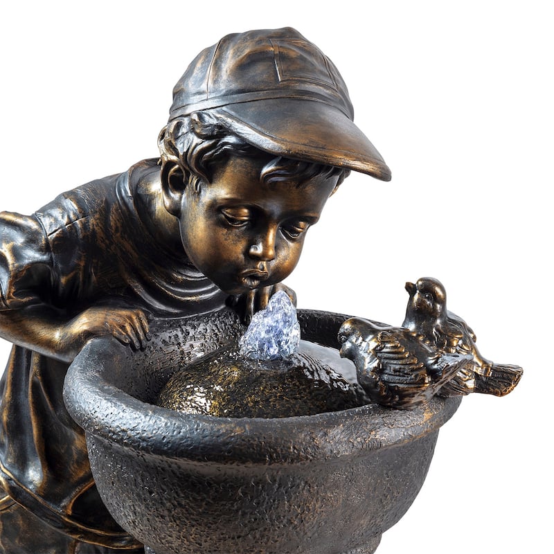 Alpine Corporation Outdoor Floor Joyful Boy and Girl Drinking Water Fountain, Playful Garden Waterfall with LED Lights