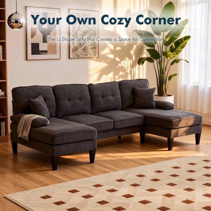 HOMEFUN Linen Upholstered U-Shaped 4-seater Tufted Wood Frame Sectional Sofa with Side Pocket