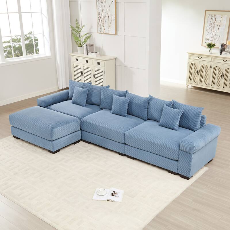 GDFStudio - Corduroy L-Shaped 3-Seater 130" Cloud Modular Sectional Couch with Ottoman - Blue