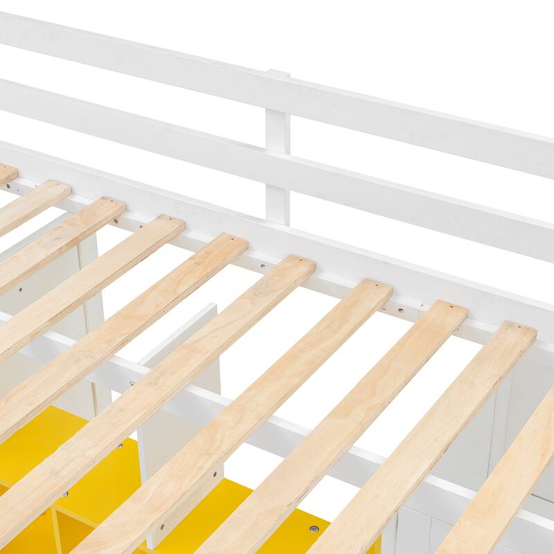 Twin/Full Size Versatile Loft Bed with Wardrobe, Storage Bed Frame with Multi-Shelves and Clothes Hanging Rod