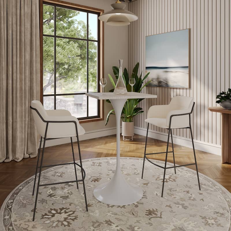 Verve 43 in. Tall Bar Height Dining Table Square MDF Wood Tabletop in White Stainless Steel Pedestal Base Accent Bar Table