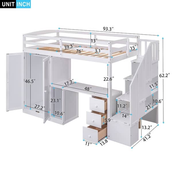 dimension image slide 0 of 2, Twin Loft Bed with Wardrobe, Desk, Drawers, Cabinet, and Staircase, Grey