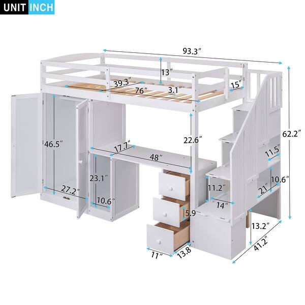 Twin Loft Bed with Wardrobe, Desk, Drawers, Cabinet, and Staircase, White