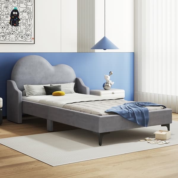 slide 2 of 12, Twin Size Upholstered Platform Bed with Cloud-Shaped Headboard, Beige - Sturdy & Comfortable Design