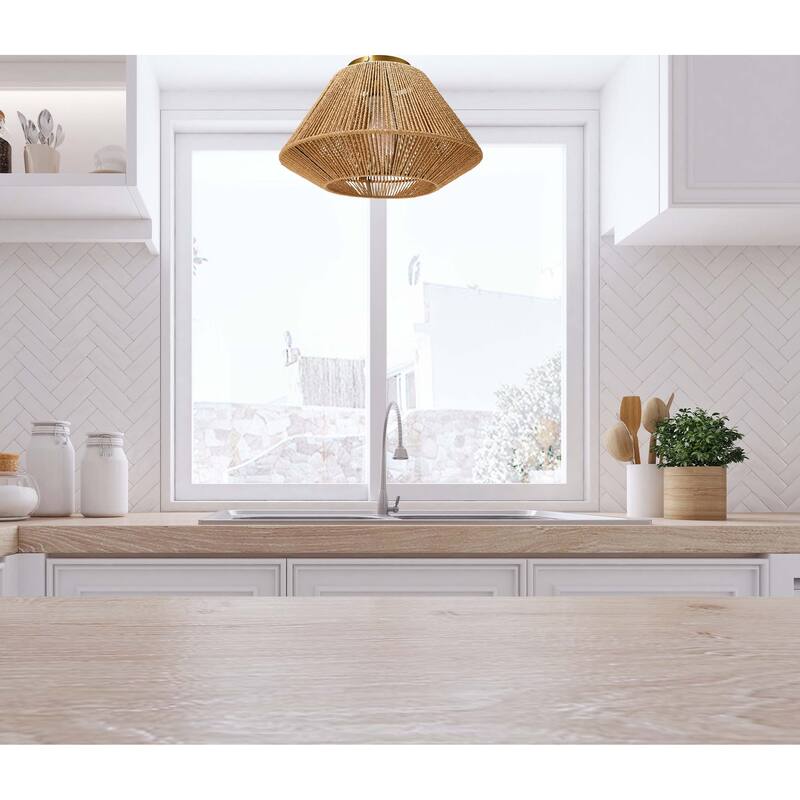 Rattan Shade Ceiling Lamp - 13.8"L x 13.8"W x 8.9"H
