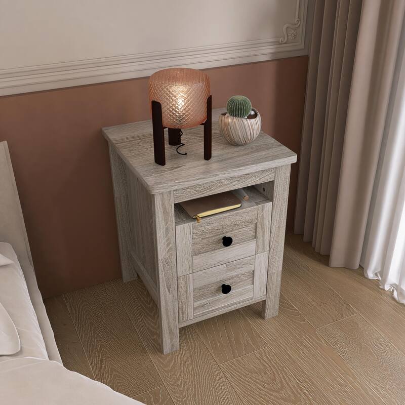 18 Inch Farmhouse Wooden Nightstand with 2 Drawers, Wood Side Table with Storage Cabinet for Bedroom