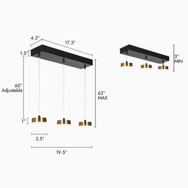 Modern 3-Light LED Black Gold Chandelier Linear Island Lights for Dining Room - 19.5" L x 4.3" W x 63" H