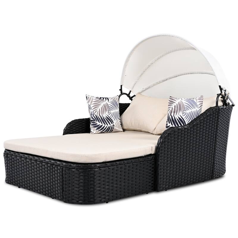 79.9" PE Rattan Daybed Sunbed with Adjustable Canopy