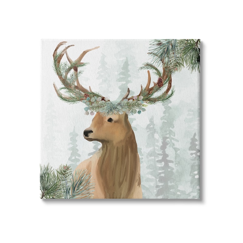 Stupell Winter Forest Elk Festive Pine Antlers Woodland Trees Canvas Wall Art - Green