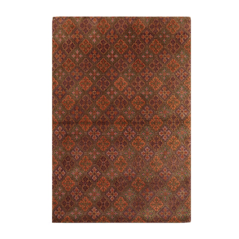 Hand Knotted Tibetan Brown Floral Wool & Silk Transitional Area Rug - 4' x 6'