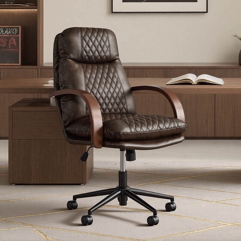 Spruce & Spring Upholstered Swivel Office Chair with Wood Arms
