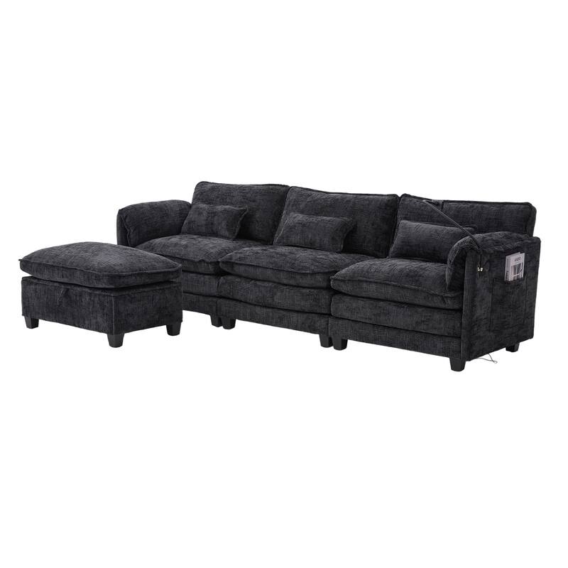 Modern Chenille Chaise Couch L-shaped Sectional Sofa with Storage Ottoman, Phone Holder, USB/Type-C Ports and Side Pockets