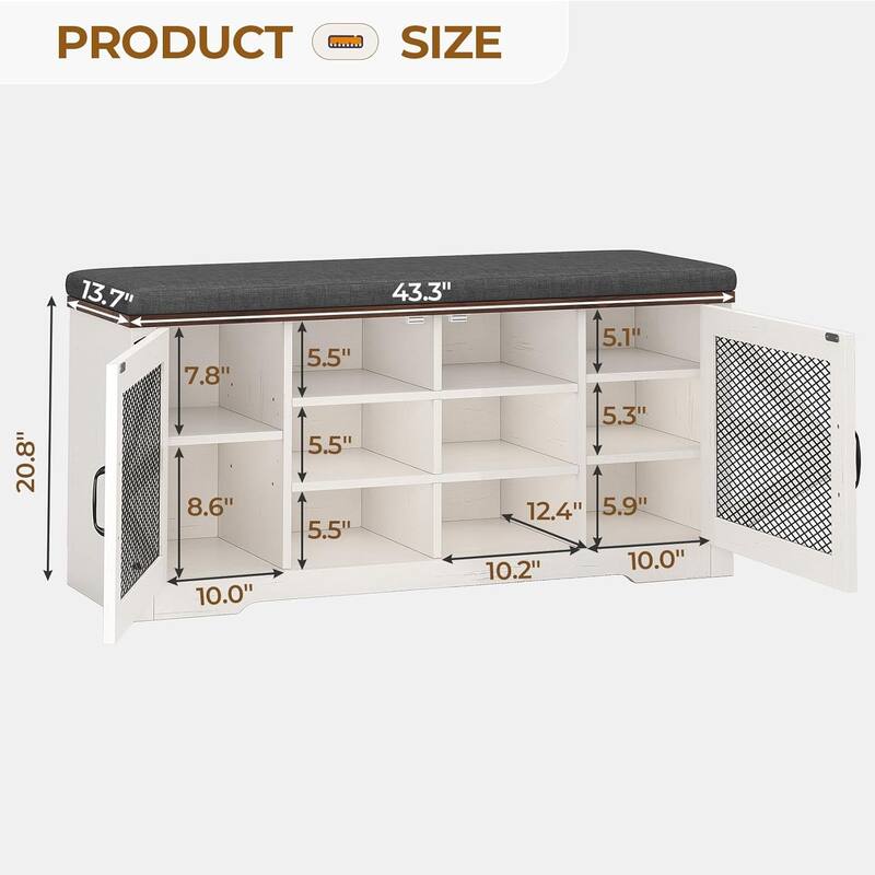 Storage Bench with Cushion Adjustable Shelf Shoe Rack Cabinet