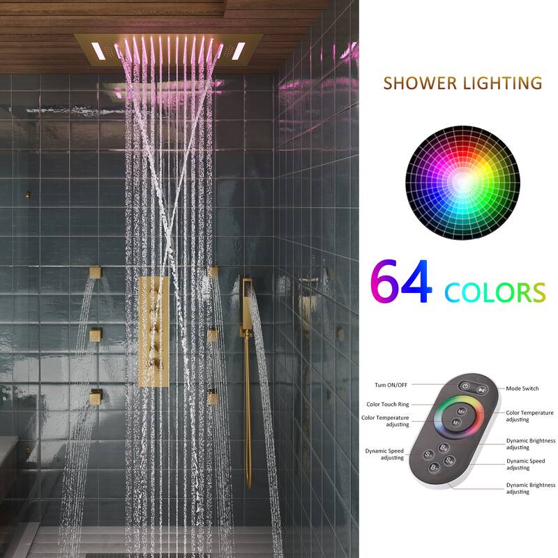 Luxury 4-Spray Patterns 23 in. Ceiling Mount Shower System with Handheld Shower Head, 6 Body Jets, LED, and Music - 15" x 23"