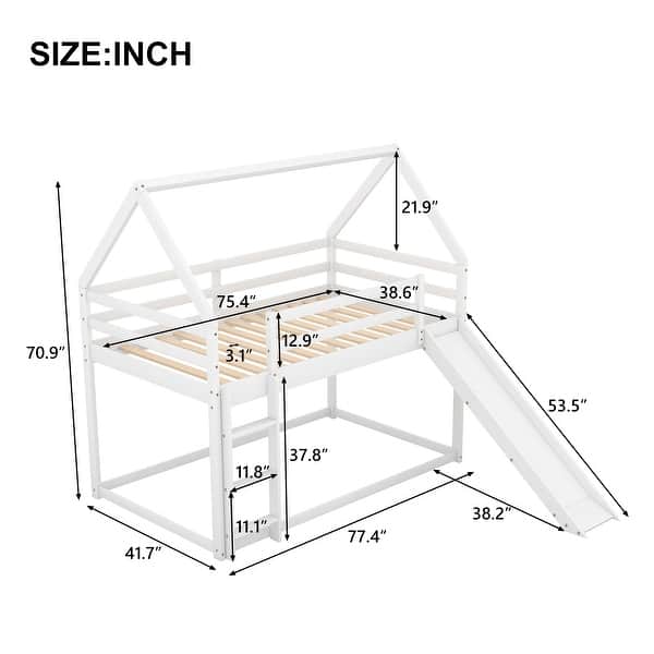 Twin House Bunk Bed with Slide and Ladder, Solid Pine Wood Frame, White