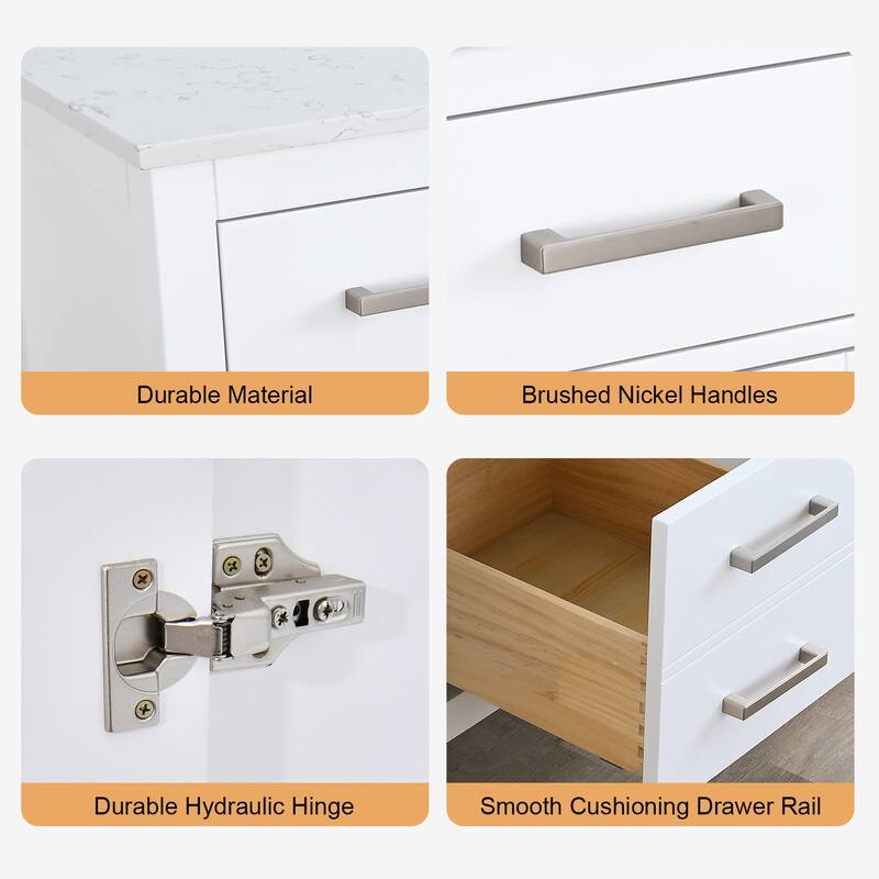 Prismatica Double Sink Bathroom Vanity 84 in White, Marble Countertop & Splash