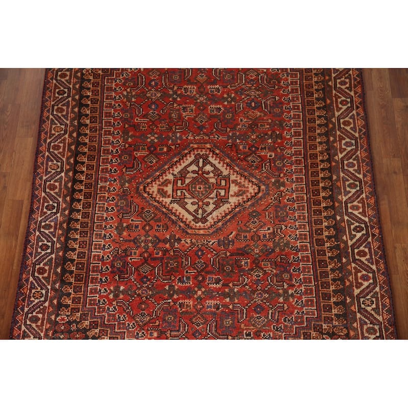 Tribal Orange Qashqai Persian Vintage Rug Hand-Knotted Wool Carpet - 5'4"x 8'0"