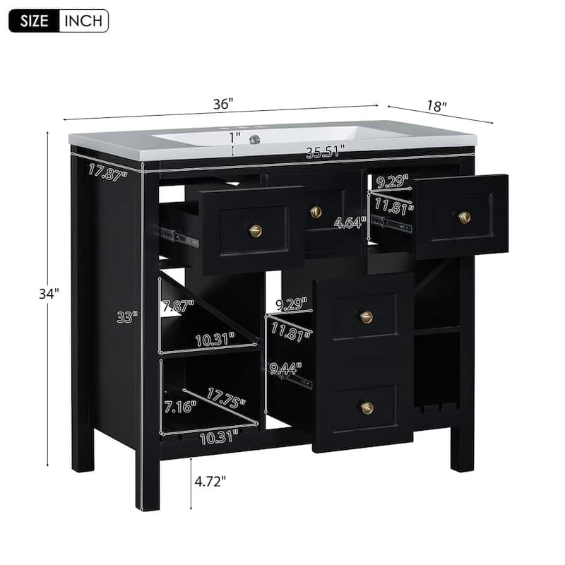 36'' Bathroom Wood Storage Vanity Cabinet with Resin Sink and Drawers