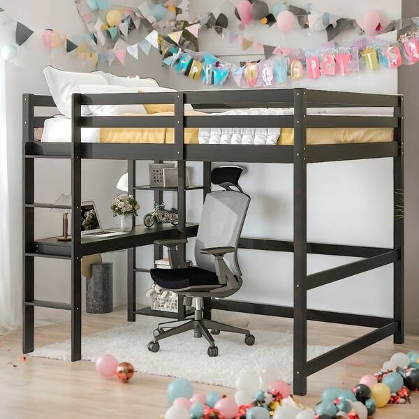 slide 2 of 9, Full Loft Bed Pine Kids Bed with Space Storage Bulit-in Desk Shelves and Ladder, Espresso Black