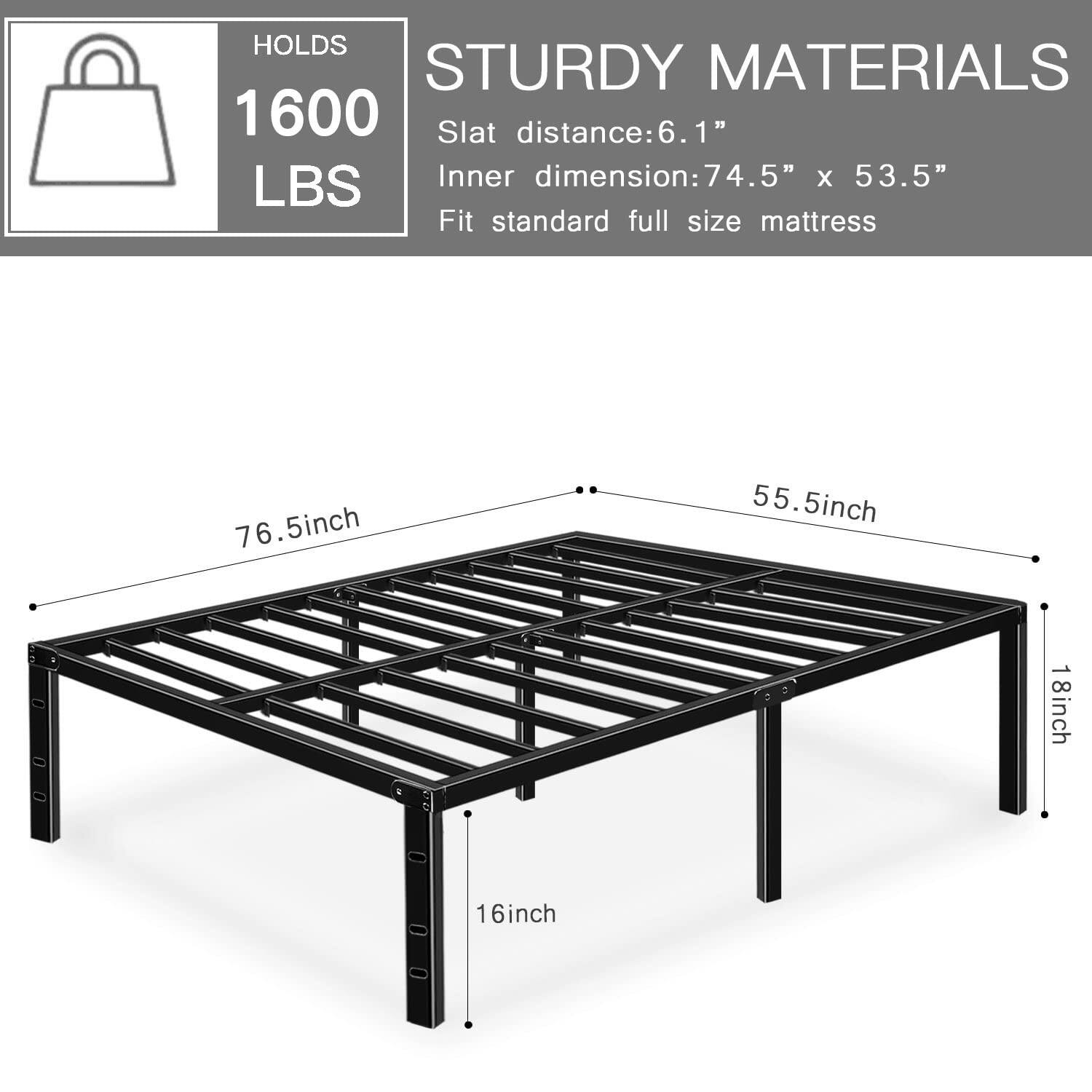 Full Size Bed Frame 18 Inch Tall Platform Bedframe No Box Spring Needed