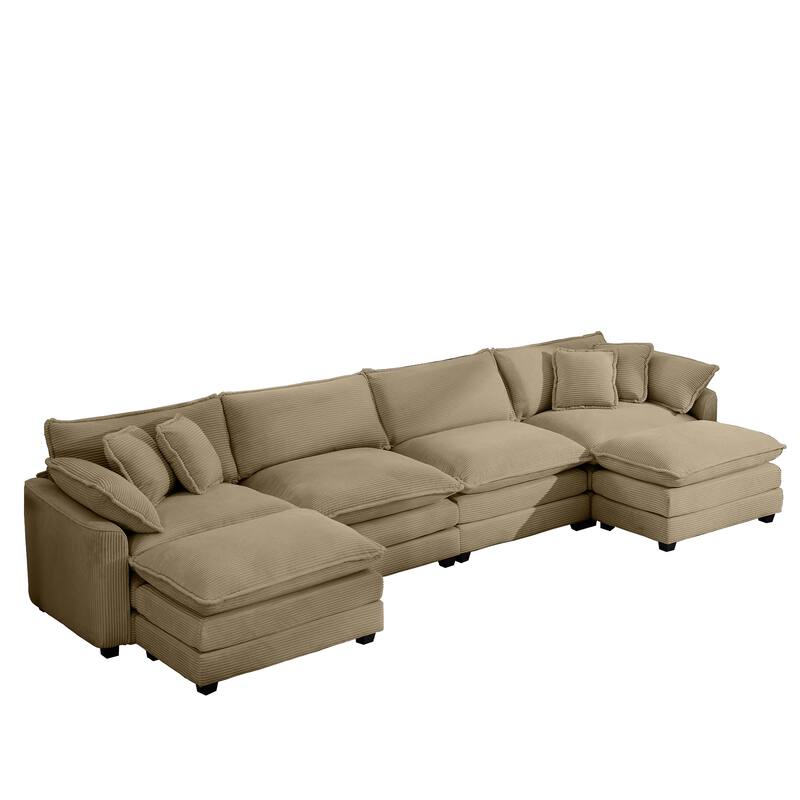 Tan 150" Corduroy Cloud Upholstered Modular U-Shaped Sectional Sofa with 2 Removable Ottoman and Free Combination Design