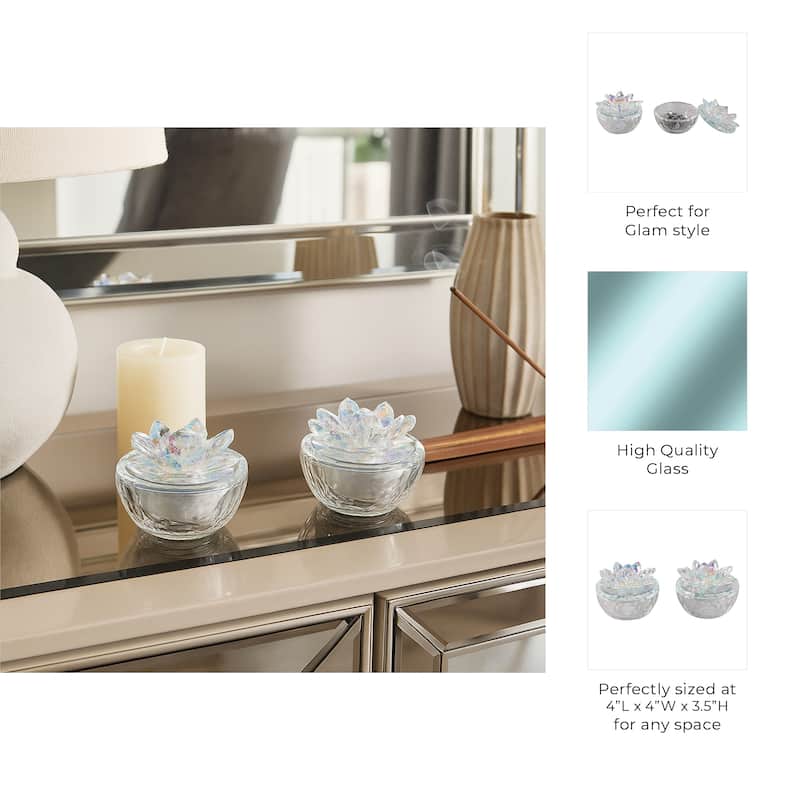 Decorative Round Glass Box with Lotus Top - Set of 2, 4"