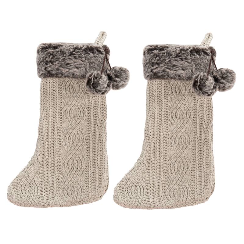 SAFAVIEH Holiday Jaye Gingerbread Beige Hanging Knit Pom-Pom Stocking (Set of 2) - 12" W x 20" L - 12Wx20D