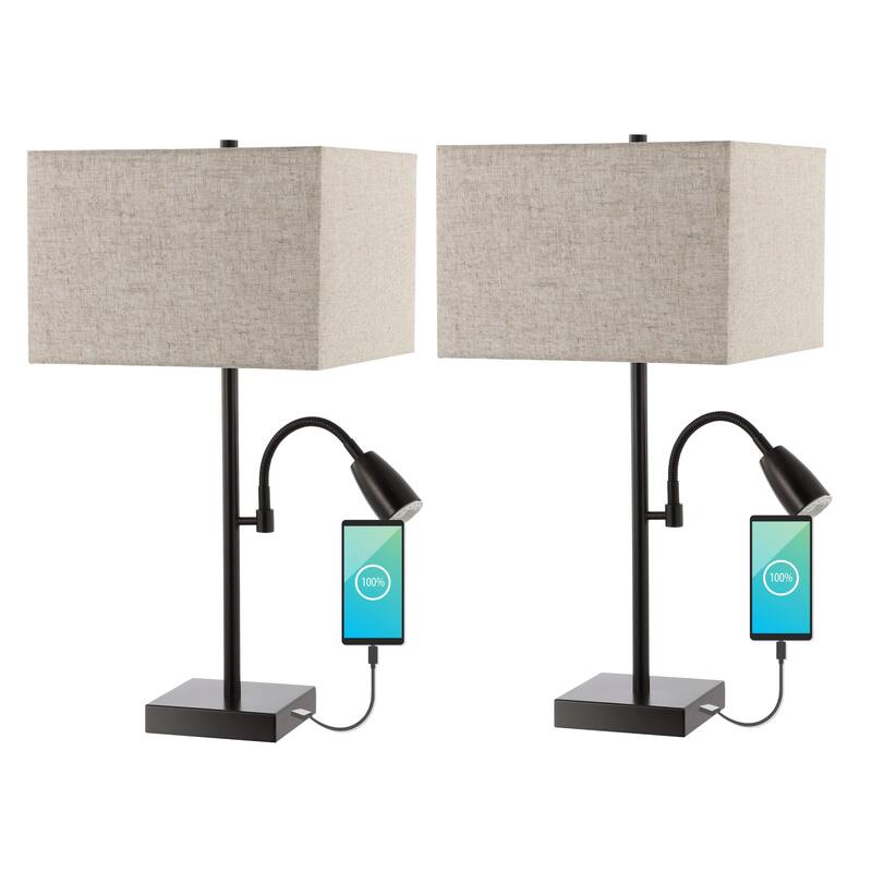 Sabrina 25.5" 2-Light Farmhouse Industrial Iron LED Table Lamp with USB Charging Port and Adjustable Light, by JONATHAN Y