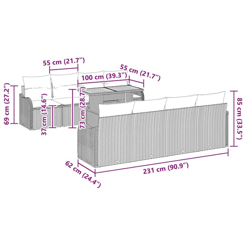 vidaXL 9 Piece Garden Sofa Set with Cushions - 90.9×24.4×27.2