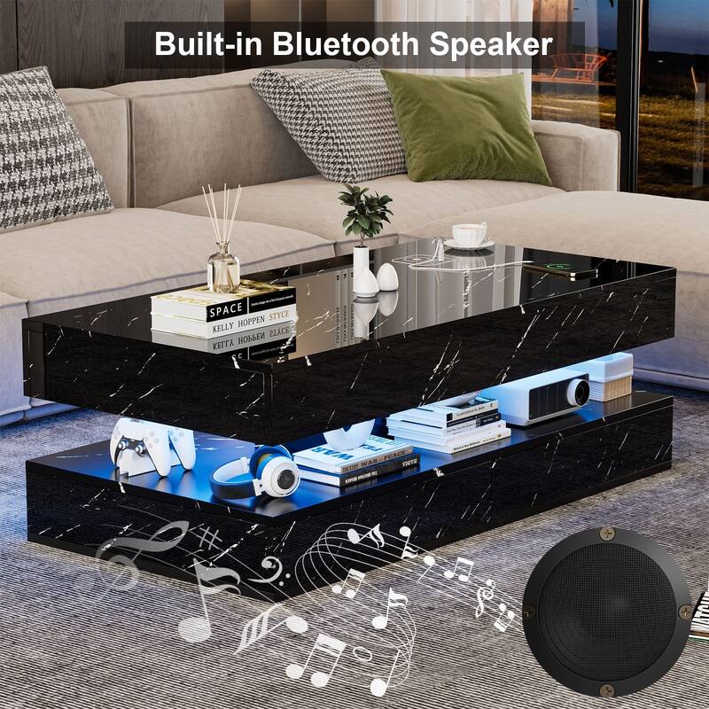 Smart LED Coffee Table 47.2" with Bluetooth Speaker & Wireless Charging, Modern White Marble Center Table