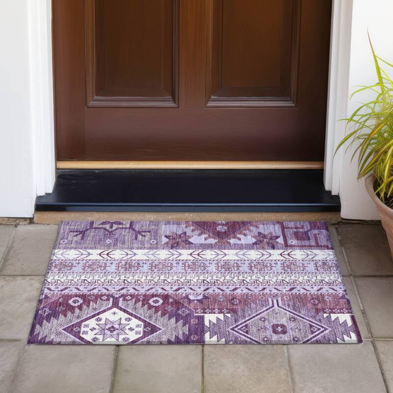 Machine Washable Indoor/ Outdoor Boho Tribal Chantille Rug - Purple - 1'8" x 2'6"