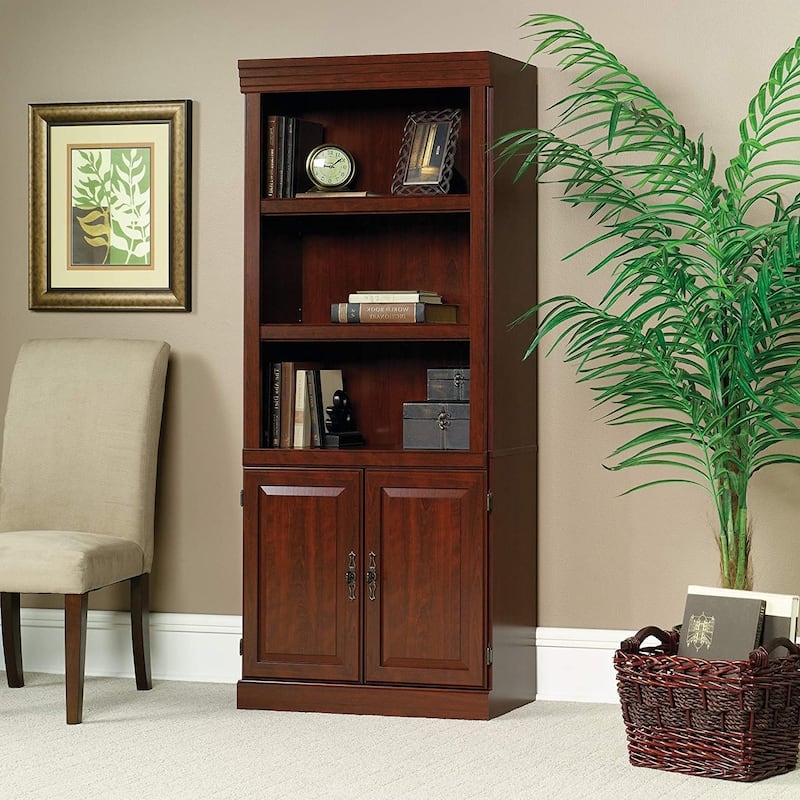 71" Cherry Brown Wooden Hidden Storage Bookcase with Doors and 3 Shelves for Home or Office - 13”W x 29.3”L x 71.2”H