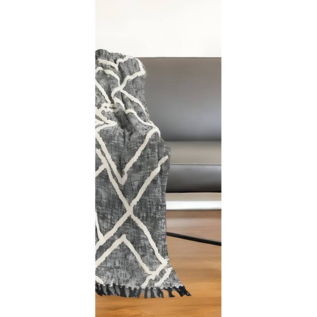60" X 50" Black and Gray Woven Cotton Geometric Throw Blanket with Fringe