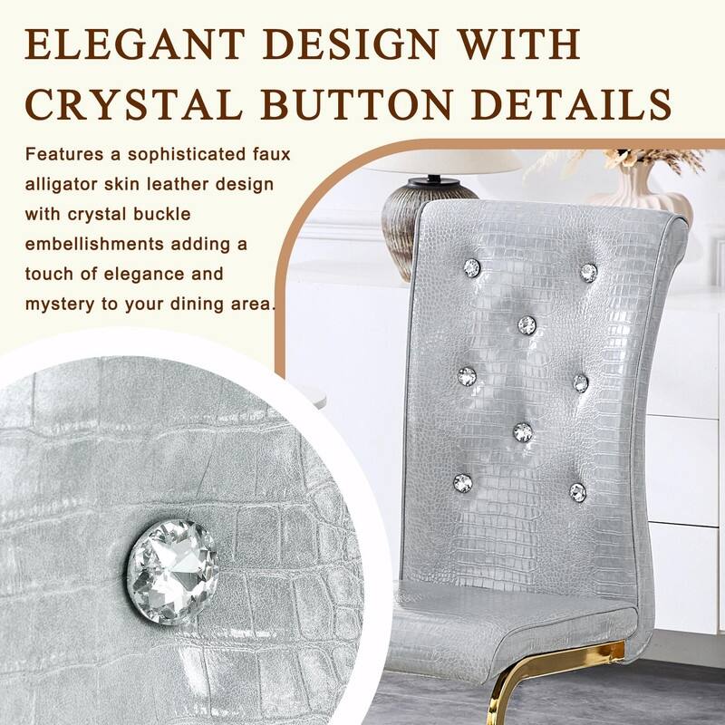 Set of 2 Retro Alligator Skin Upholstered Dining Chairs with Crystal Buckle Design & Faux Leather