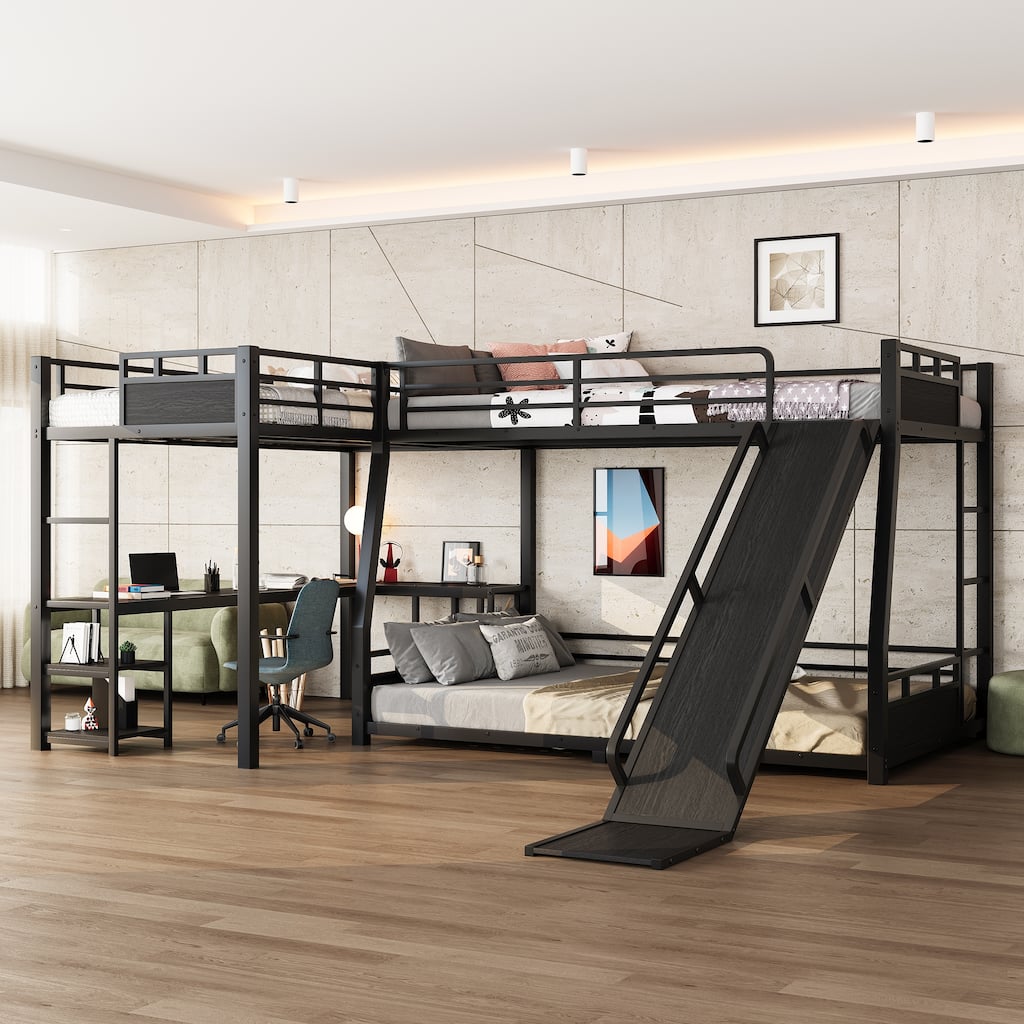 L-Shaped Metal Bunk Bed (Top bed:Full/FullXL, bottom bed: Queen) with Twin XL Loft Bed, Desk, Metal Triple Bunk Bed