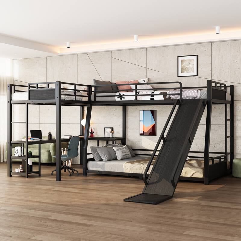 Roomfitters L-Shaped Metal Triple Bunk Bed with Desk and Slide, Black