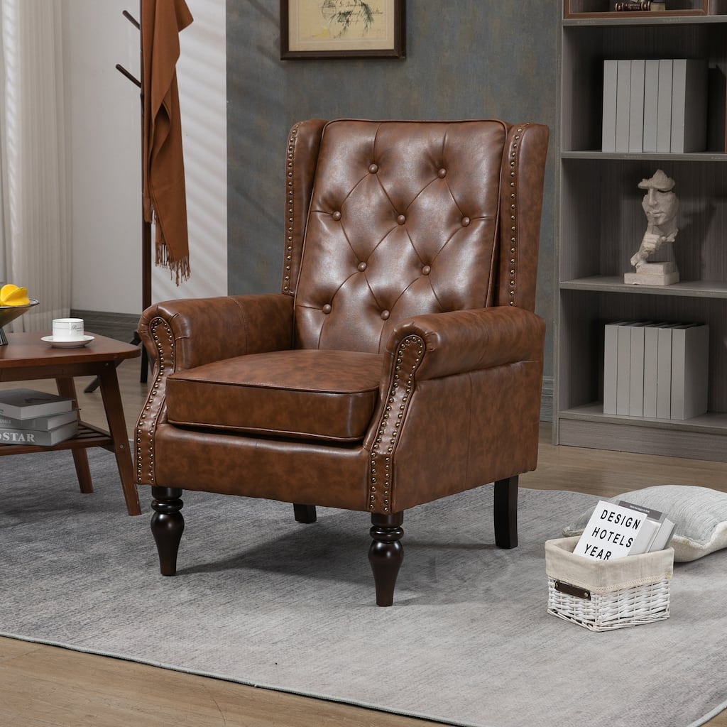 Brown PU Modern 29.33" High Back Upholstered Arm Chair with Sturdy Wood Legs and Nailheads for Living Room