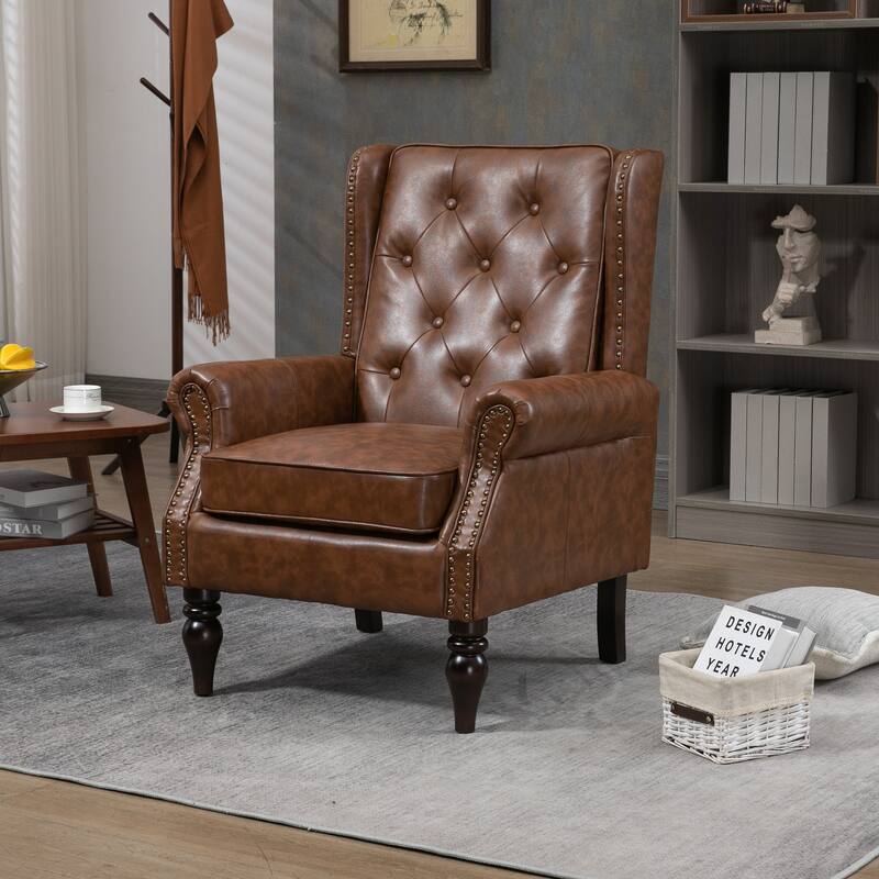 Brown Vintage Single Sofa Chair Office Chair with Rubberwood Legs, Leather Rolled Armrests Chair Desk Chair Dressing Chair