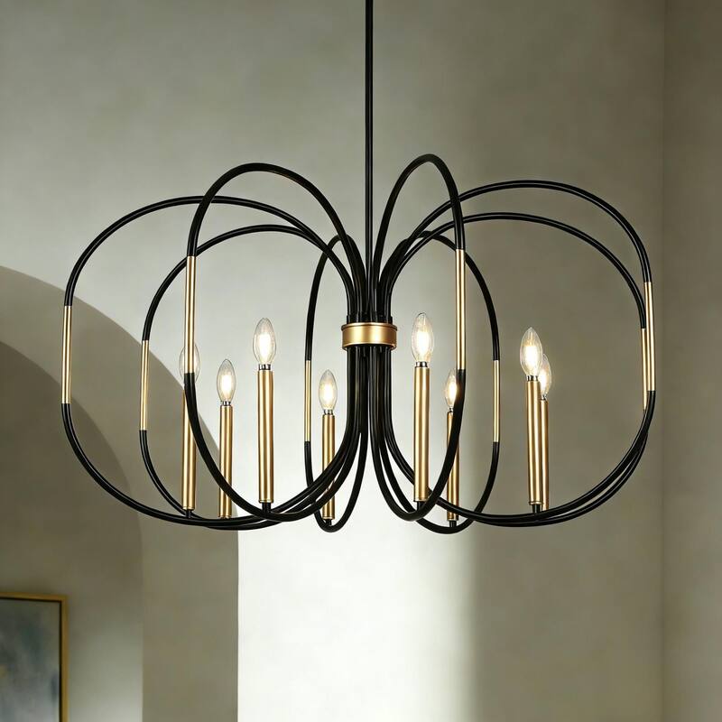 Modern Unique 8-Light Chandelier Black Gold Drum-Shape Pendant for Dining Room - 37.8 " × 20 "