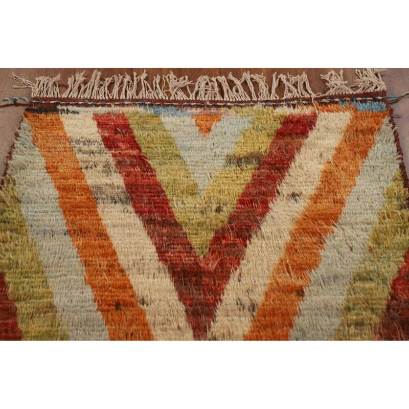 Hand Knotted Oriental 100% Wool Carpet Modern Geometric Multi-Colored Moroccan Runner Rug - 13' 3'' X 3' 2''