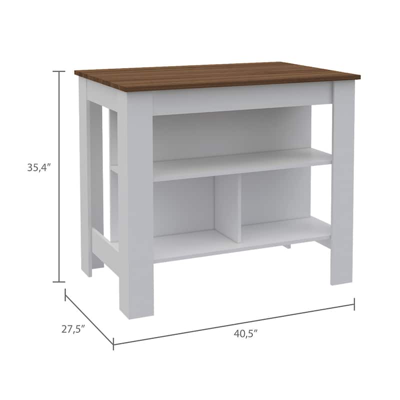 White Two-Tone Kitchen Island with Large Tabletop, Open Storage Shelves, and Comfortable Legroom Workstation