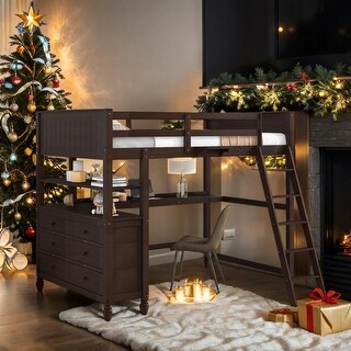 Full size Loft Bed with Drawers, Built-in Desk and Shelves, Espresso